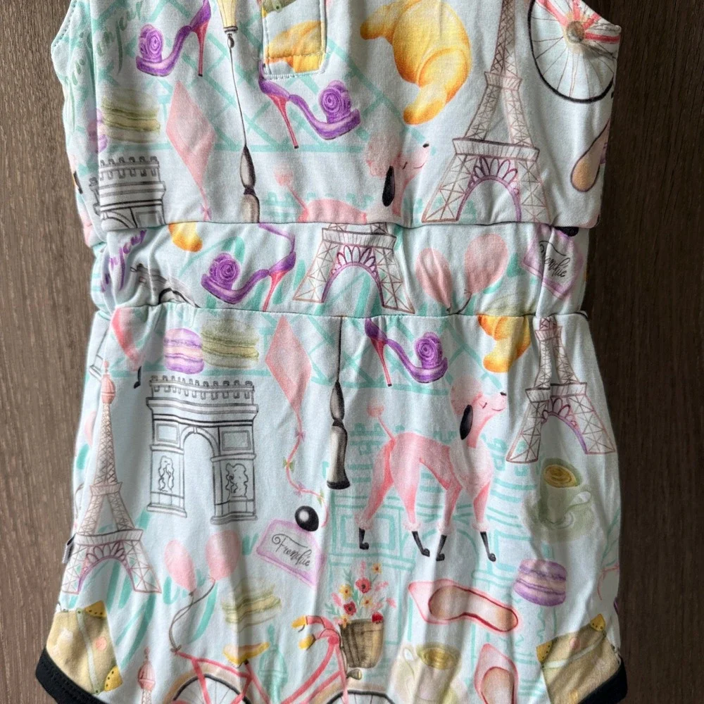 Birdie Bean Romper Girl 12-18 Months Blue Paris Poodle Bamboo French Chic Bubble